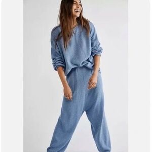 Free People Beach Gio Speckled Boho Knit Oversized Lounge Pants Blue